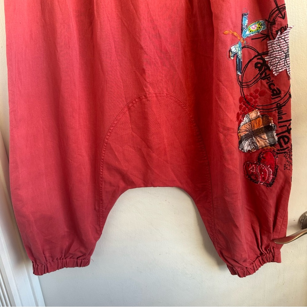 RARE Desigual Vibrant Coral Red Embroidered Appliquéd Cotton Boho Harem Pants - Picture 3 of 13